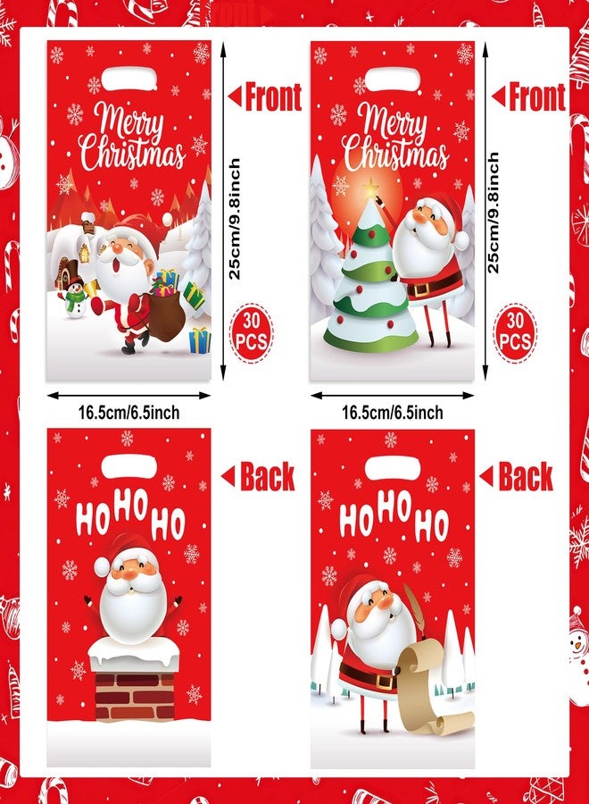 peony man 60 PCS Merry Christmas Goodie Bags Santa Claus Plastic Gift Bag with Handle Xmas Cute Double-Sided Printed Treat Candy Bags Xmas Theme Red Party Favor Bag for Winter Holiday Party Supplies - Image 2